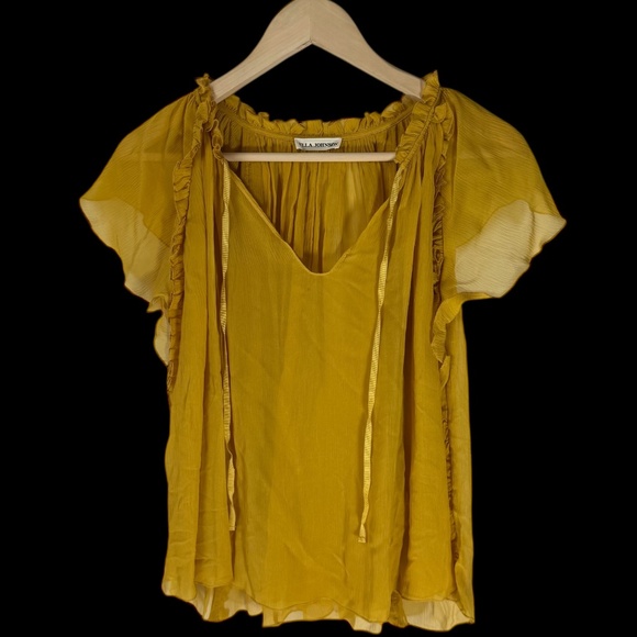 Ulla Johnson Mustard Yellow‎ 100% Silk Flutter Sleeve Blouse Sz 4